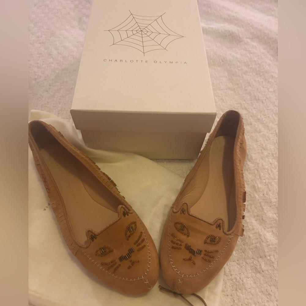 Charlotte Olympia Tan Cat Flats
